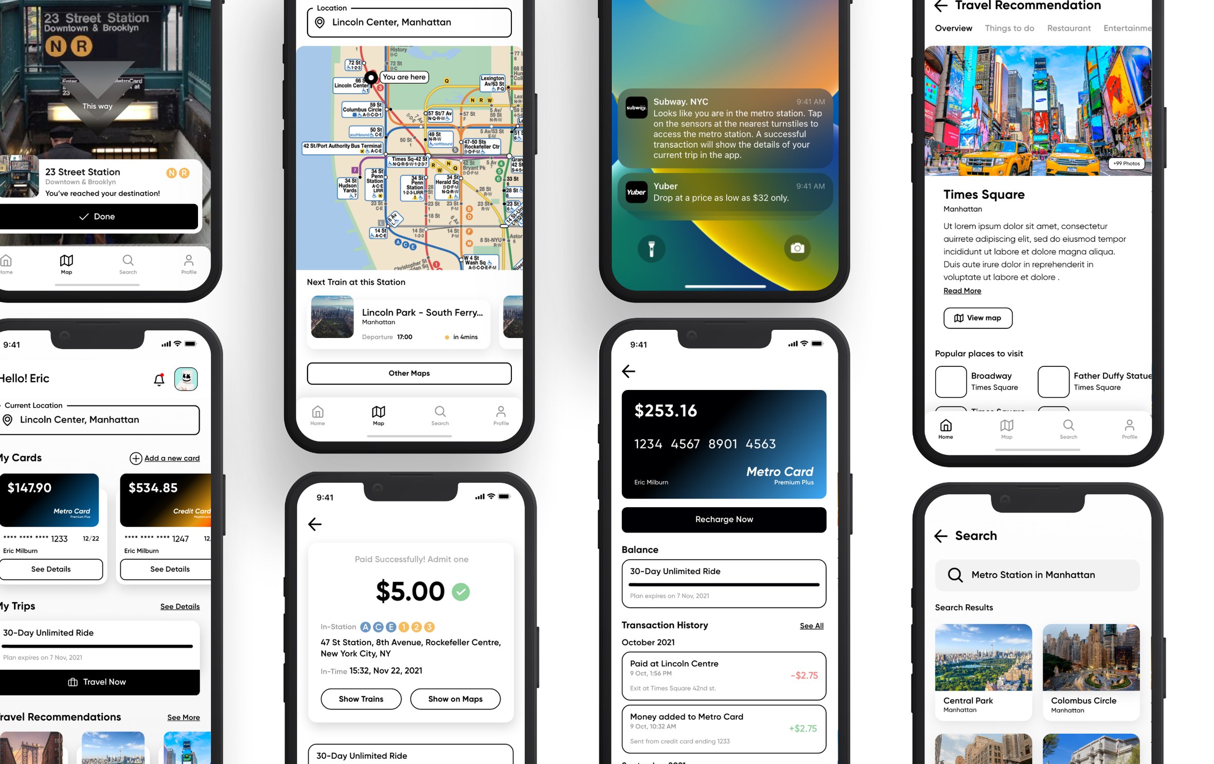 Subway app screens: station arrival, map, notifications, home with cards, payment confirmation, Metro Card balance, Times Square recommendations and search