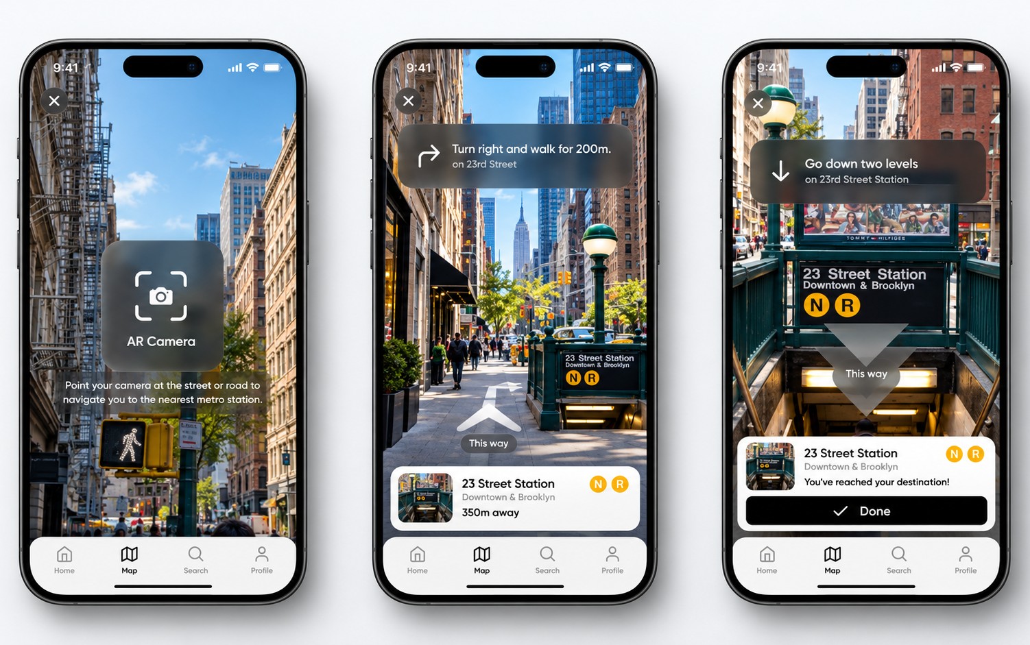 Subway app AR wayfinding flow across three phones: AR Camera, turn right and walk 200m on 23rd Street, and go down two levels at 23 Street Station