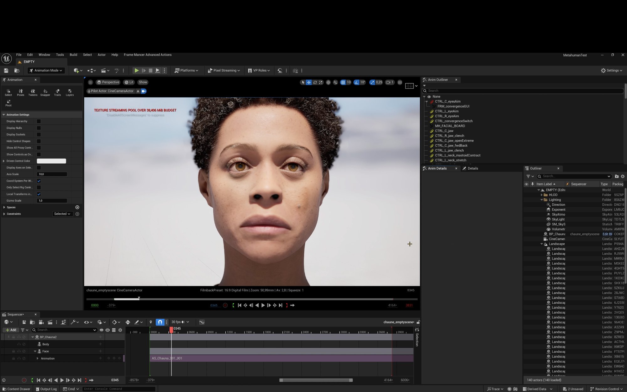 Unreal Engine 5 editor showing the virtual patient's facial animation