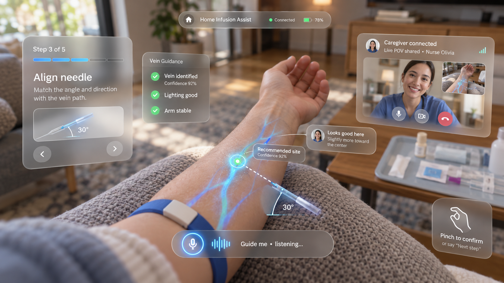 AR home infusion assist: vein guidance, needle alignment and caregiver video overlaid on a patient's forearm