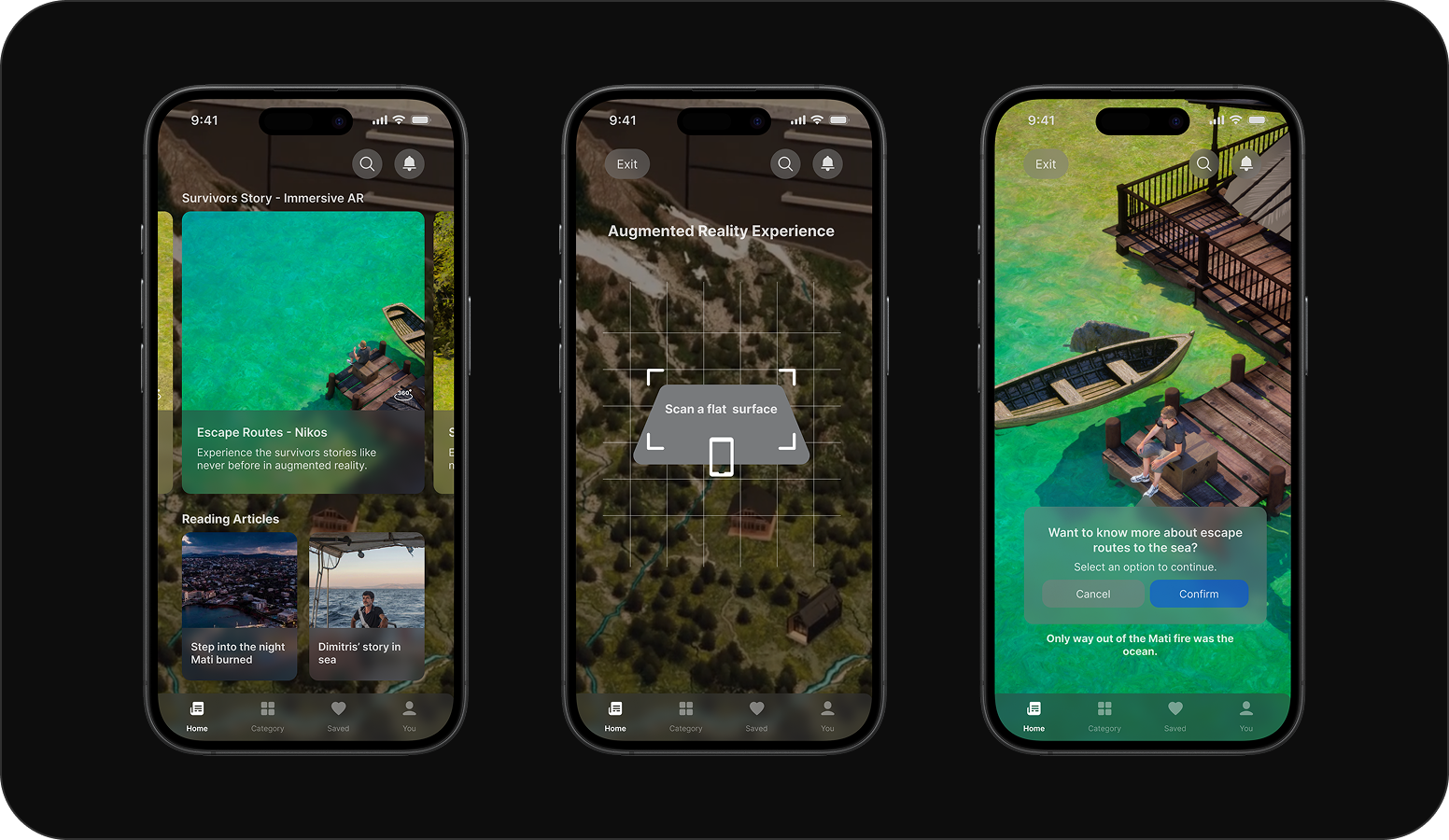 AR storytelling flow across three phone screens
